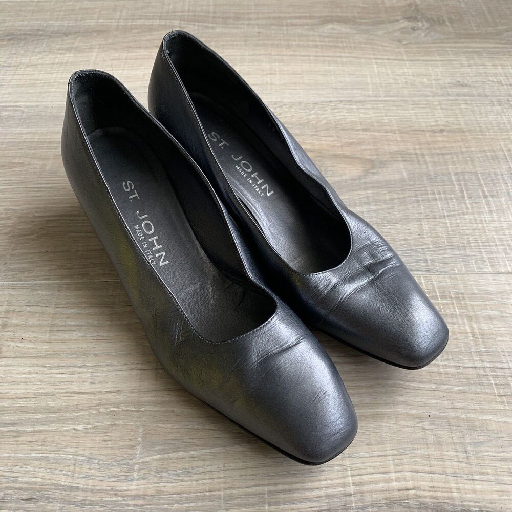 St. John Low  Heel Pumps Sz 7.5 AA Vintage Metallic Gray Gunmetal Leather Shoes